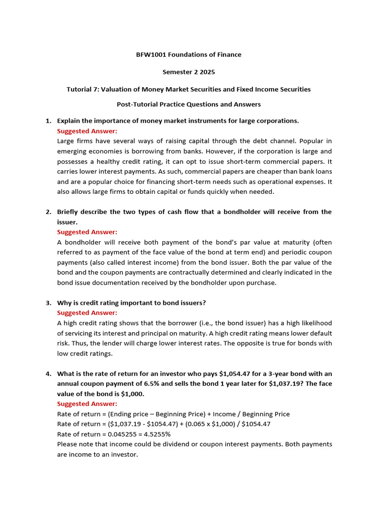 BFW1001 - Post-Tutorial 7 - Valuation of Money Market Fixed Income ...