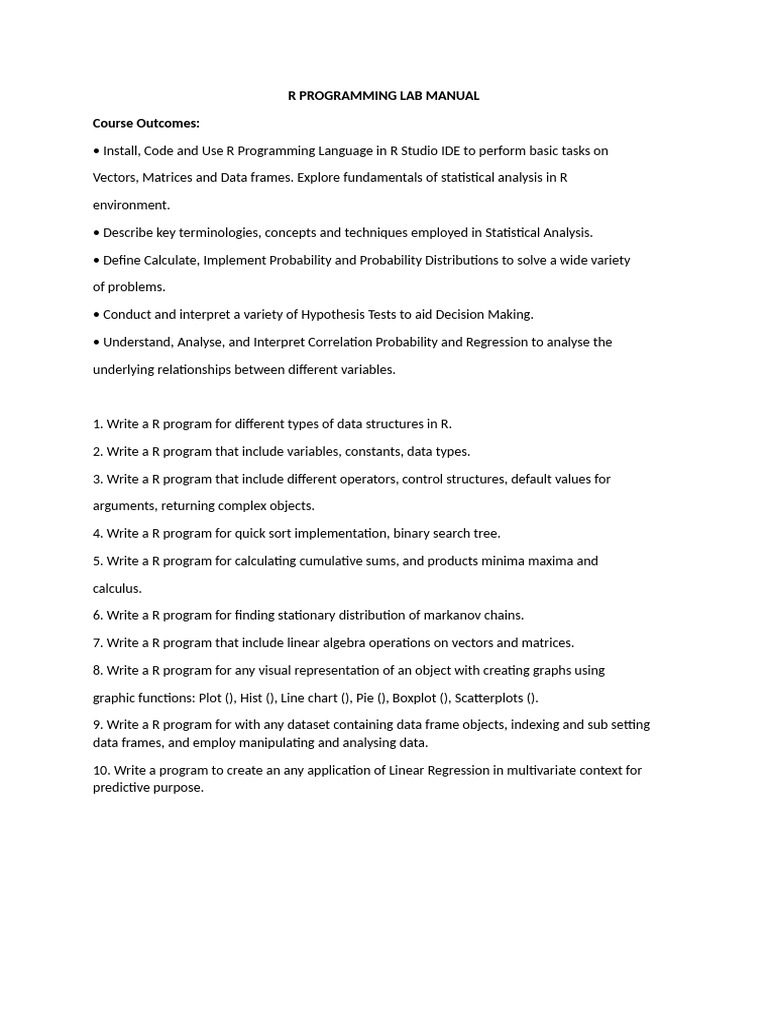 r Programming Lab Manual | PDF | Regression Analysis | Statistics