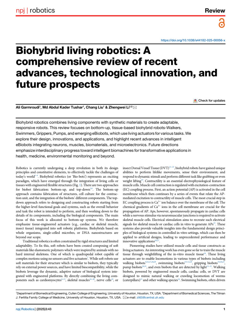 Biohybrid Living Robotics: A Comprehensive Review of Recent Advances ...