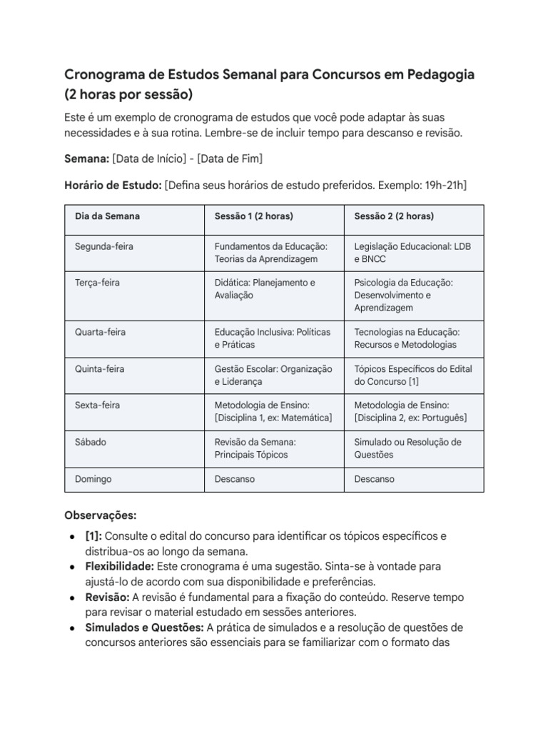 Cronograma de Estudos para Concursos em Pedagogia - Documentos Google | PDF