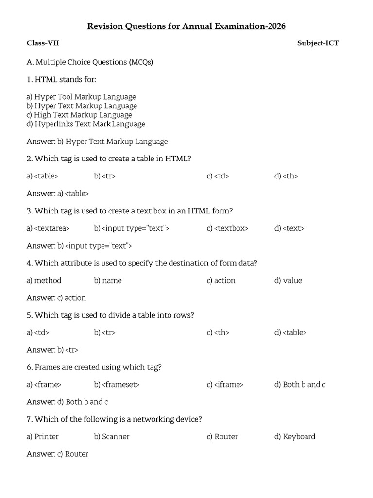 Revision Questions For Annual Examination-2026: Class-VII Subject-ICT | PDF