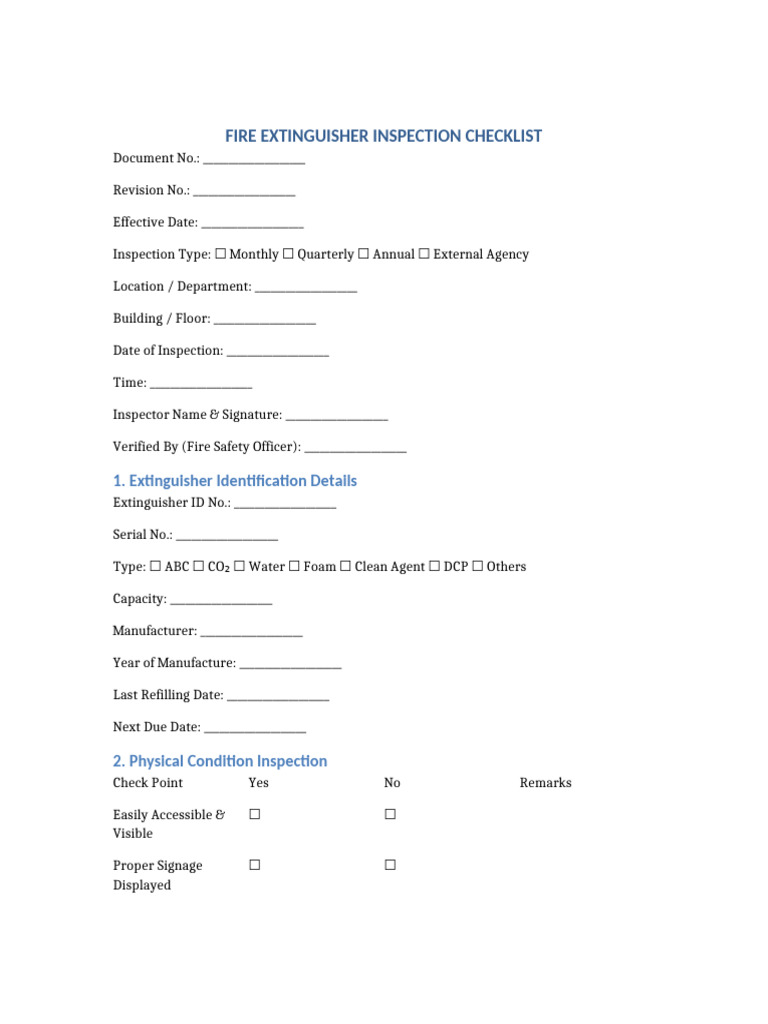 Fire Extinguisher Inspection Checklist | PDF