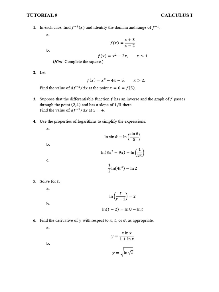 Tutorial 9 Inverse Functions and Their Derivatives, Natural Logarithmic ...