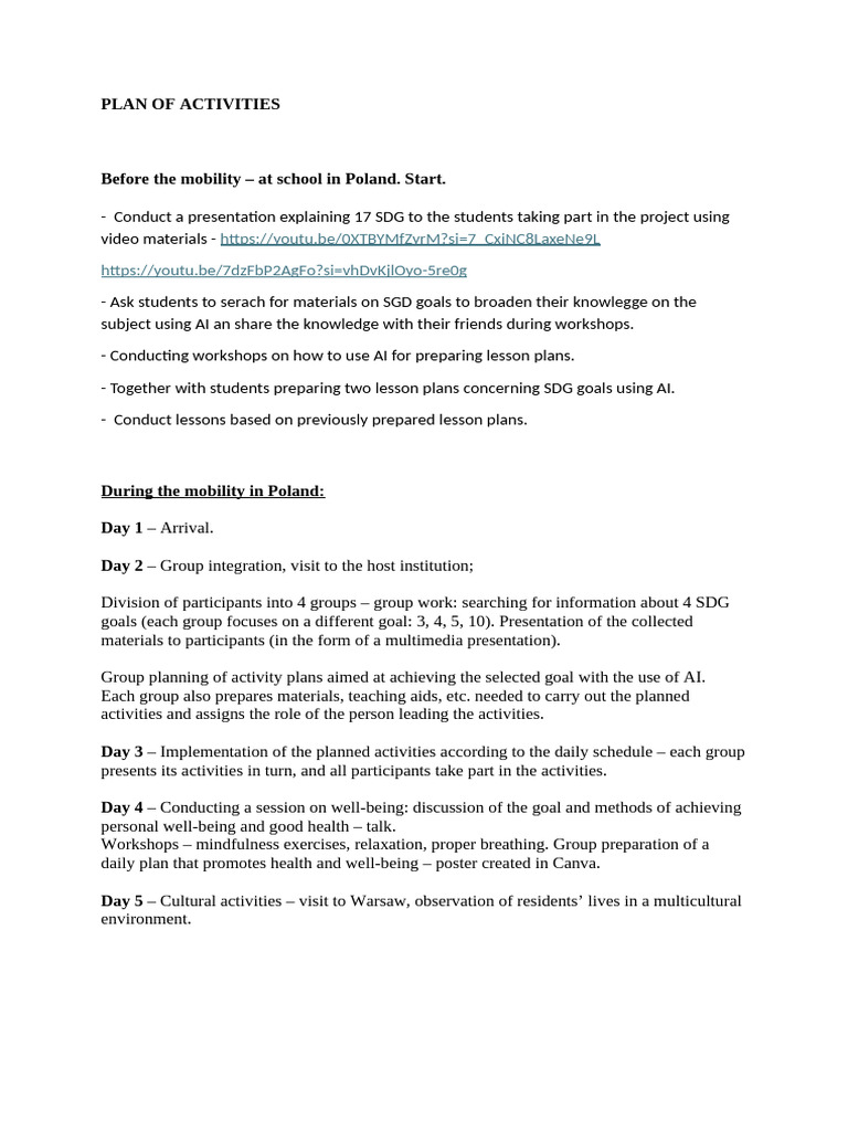 Plan of Actvties | PDF