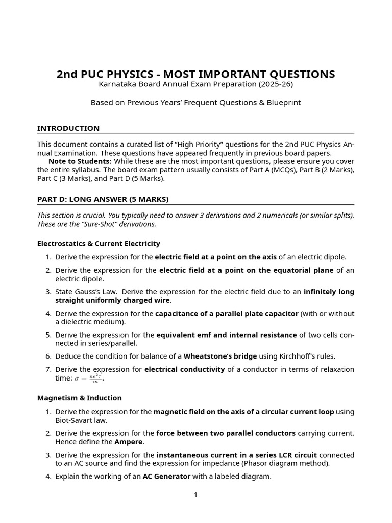 2nd PUC Physics Important Questions | PDF | Inductance | Electron