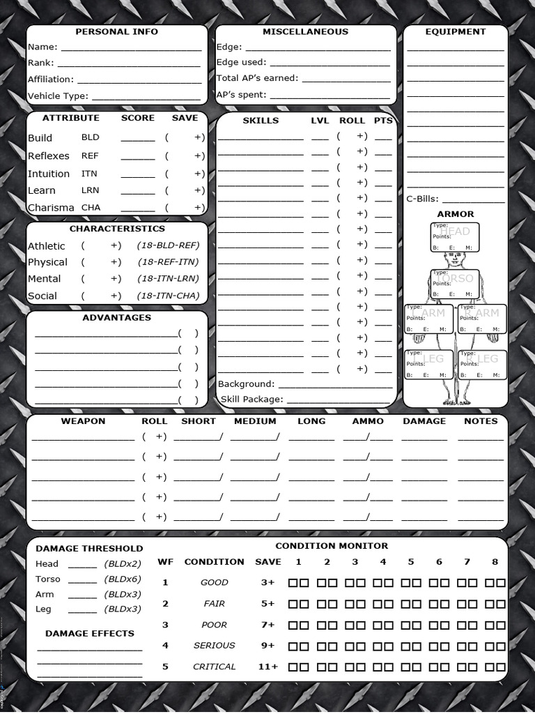 Mechwarrior 2nd Ed Character Sheet | PDF | Role Playing Games | Gaming