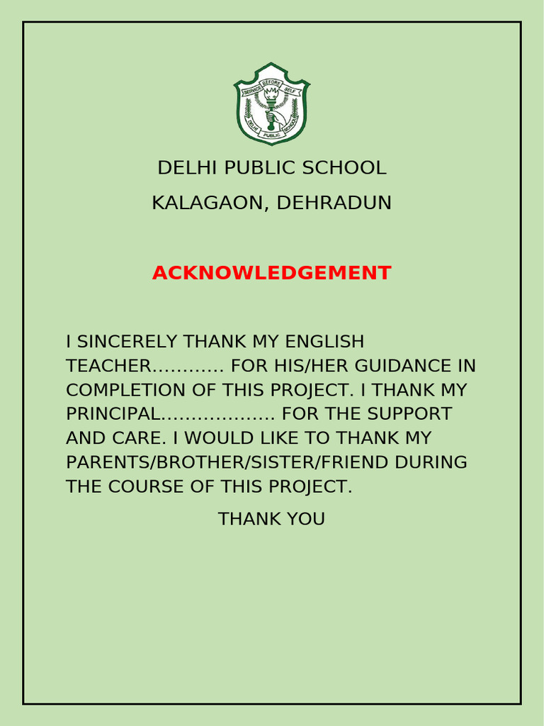 Delhi Public School Project Acknowledgement | PDF