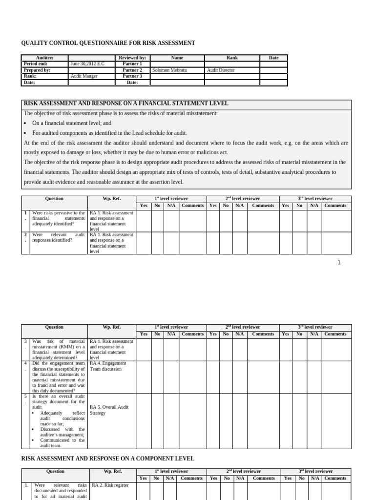 RA 6. QC questionnaire risk assessment | PDF | Audit | Business