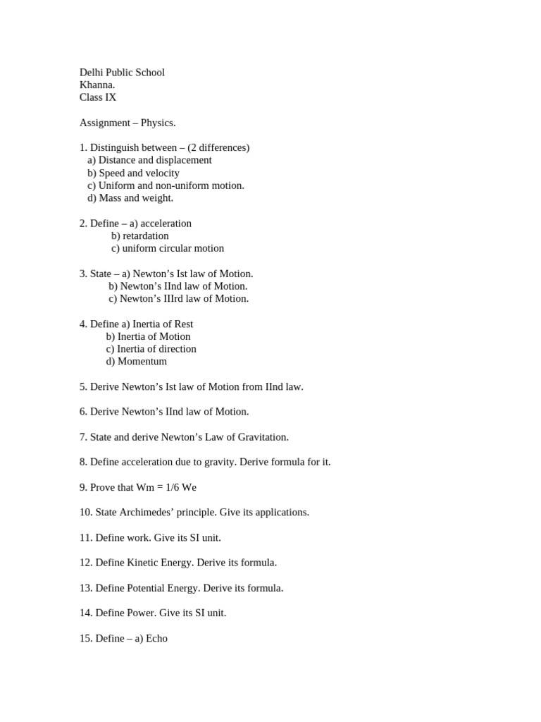 Class IX Physics Assignment | PDF