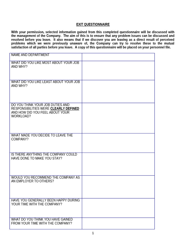 Exit Questionnaire Sample | PDF | Social Psychology | Psychology