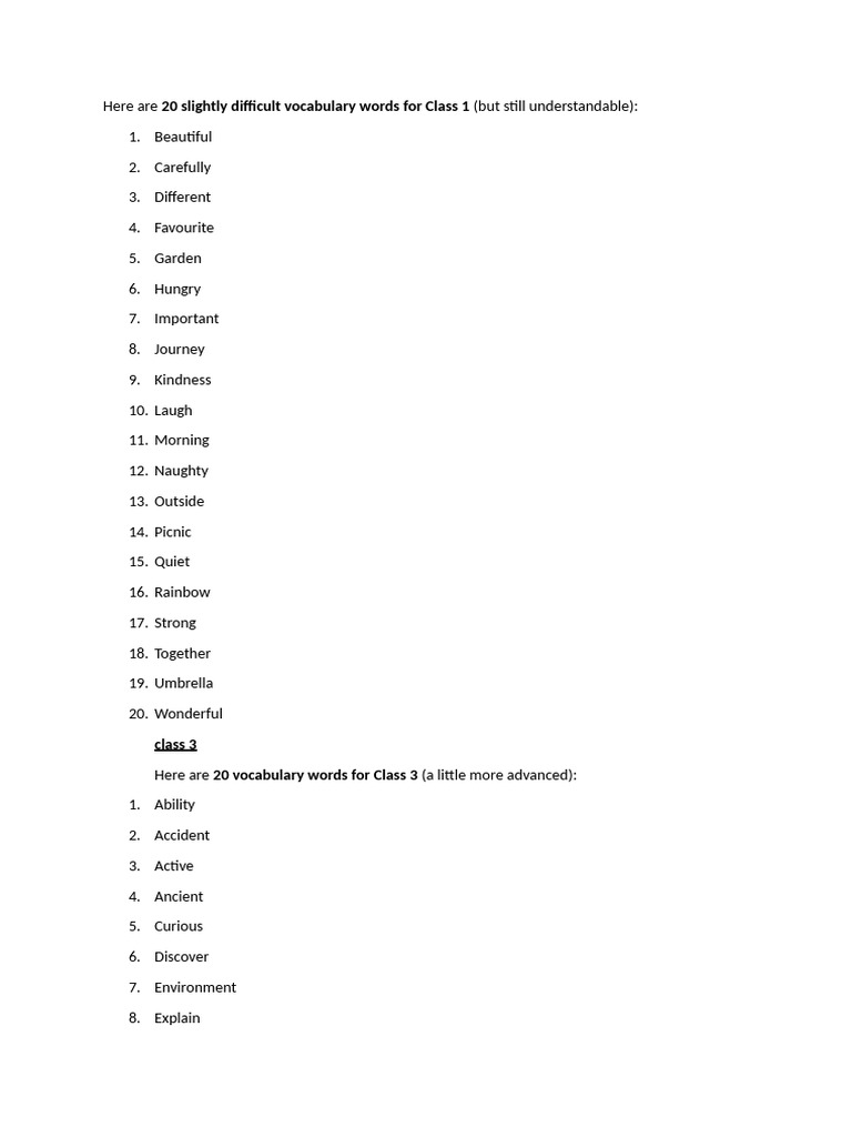 Here Are 20 Slightly Difficult Vocabulary Words For Class 1 | PDF ...