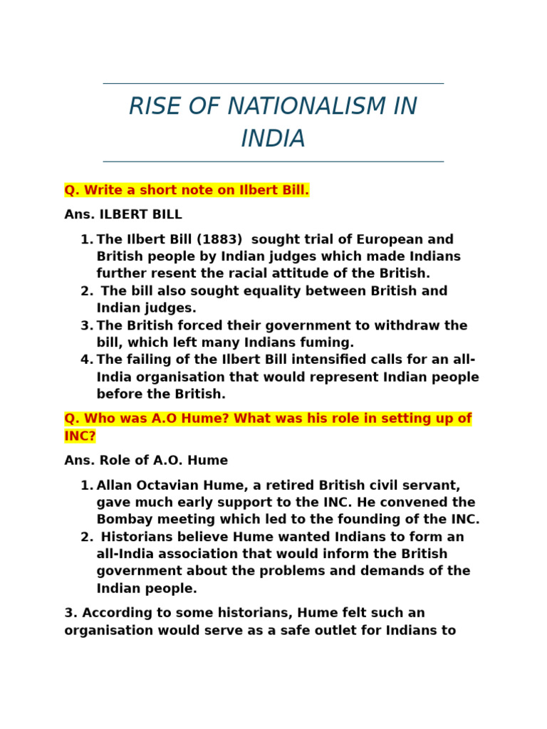 Rise of Nationalism Q-A | PDF | Indian National Congress