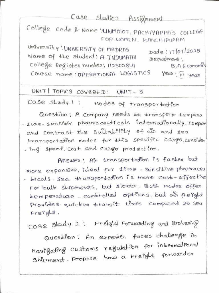 Case Studies Assignment OPERATIONAL LOGISTICS Unit 3 | PDF