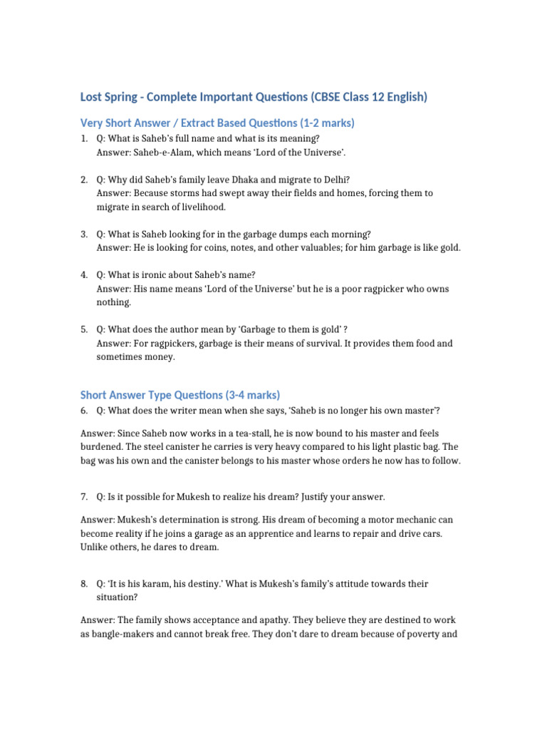 Lost Spring Complete Important Questions | PDF | Chess Theory