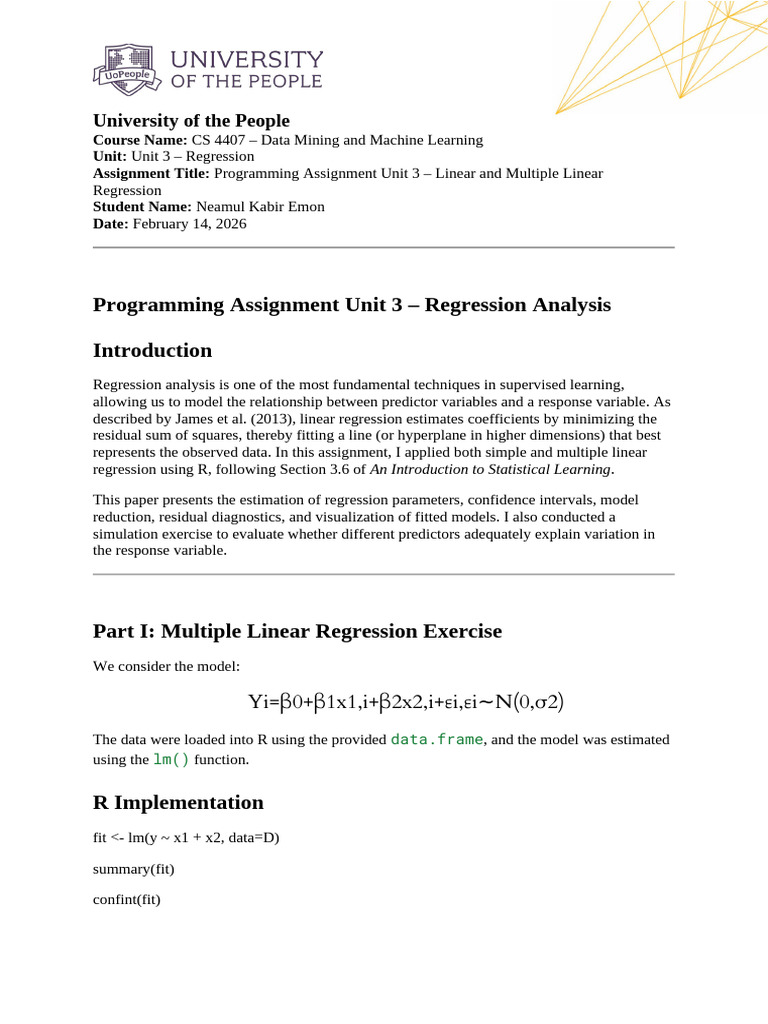 CS4407 Unit3 Regression Assignment NeamulKabirEmon | PDF | Regression ...