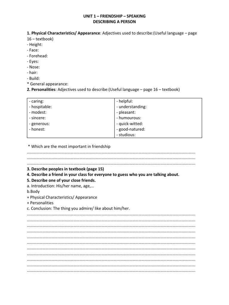 Phieu Hoc Tap Hs - Unit 1 Friendship Speaking | PDF