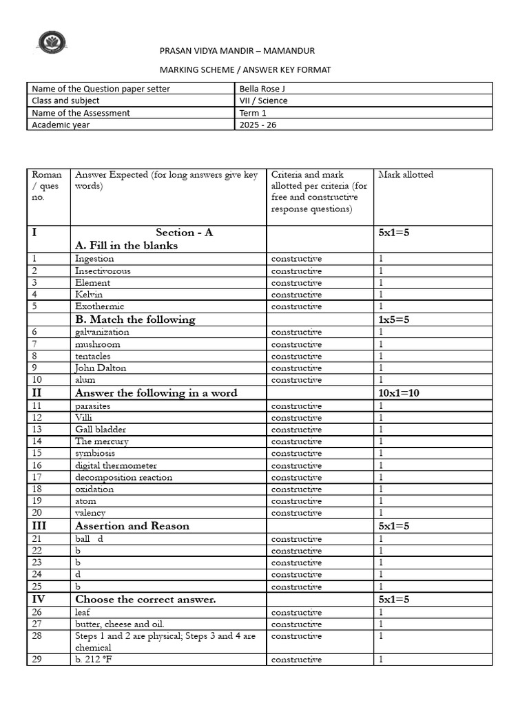 VII Science - Term 1 - Marking Scheme - Answer Key 2025-26 | PDF ...