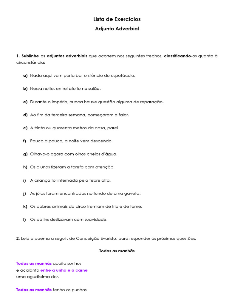A - Lista de Exercícios - Adjunto Adverbial | PDF | Advérbio