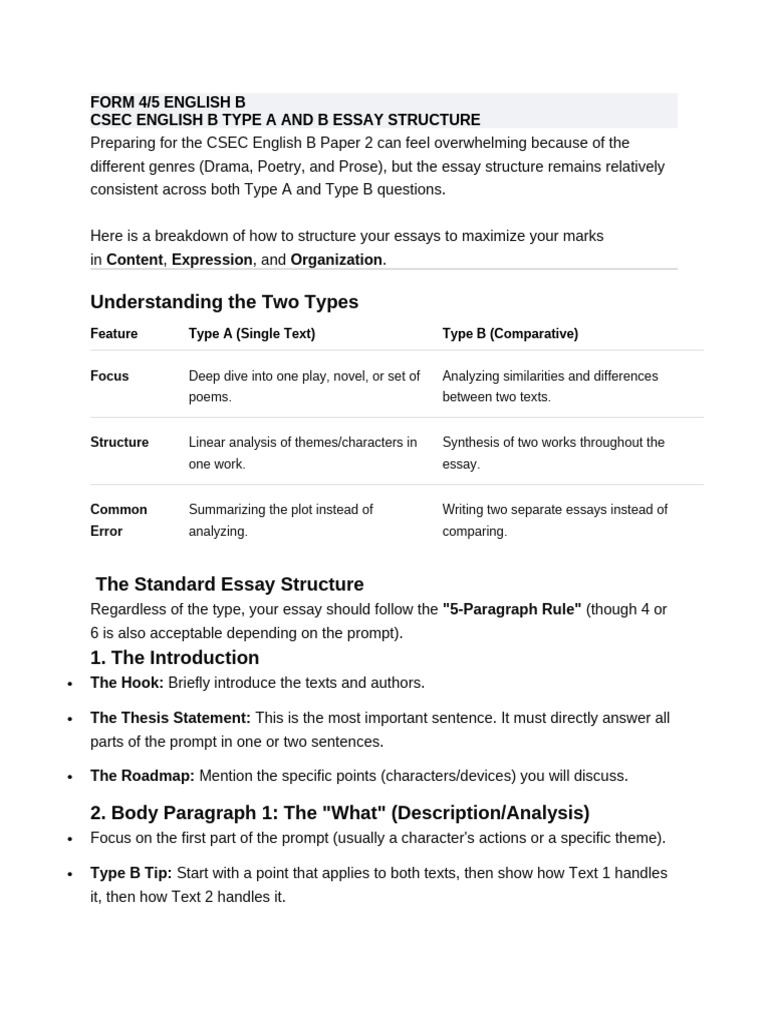 Csec English B Type A and B Essay Structure | PDF | Essays | Poetry