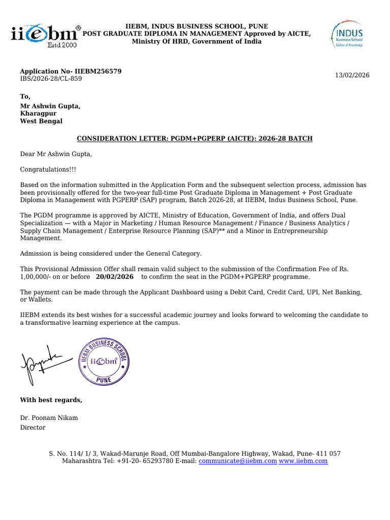 Consideration Letter IIEBM256579 | PDF