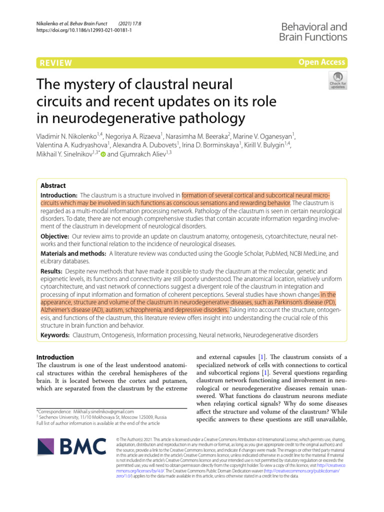 The Mystery of Claustral Neural Circuits and Recent Updates On Its Role ...