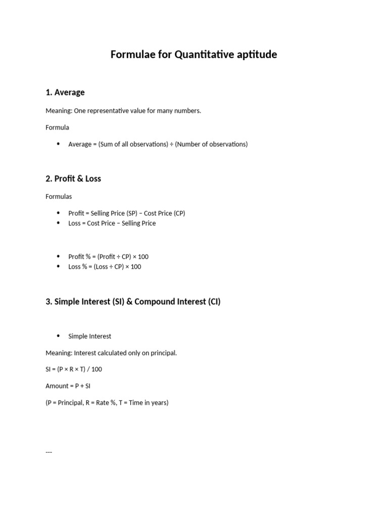 Formulae For Quantitative Aptitude | PDF | Area | Ratio