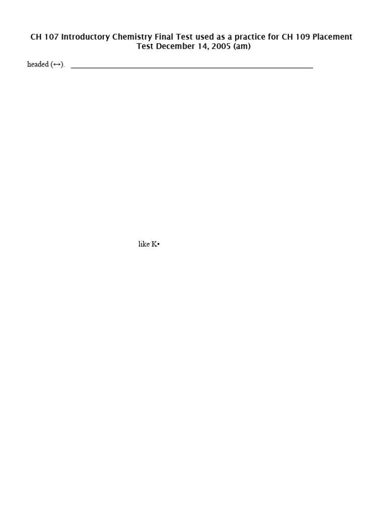 Practice CH 109 PlacementTest | PDF | Acid | Chemical Equilibrium