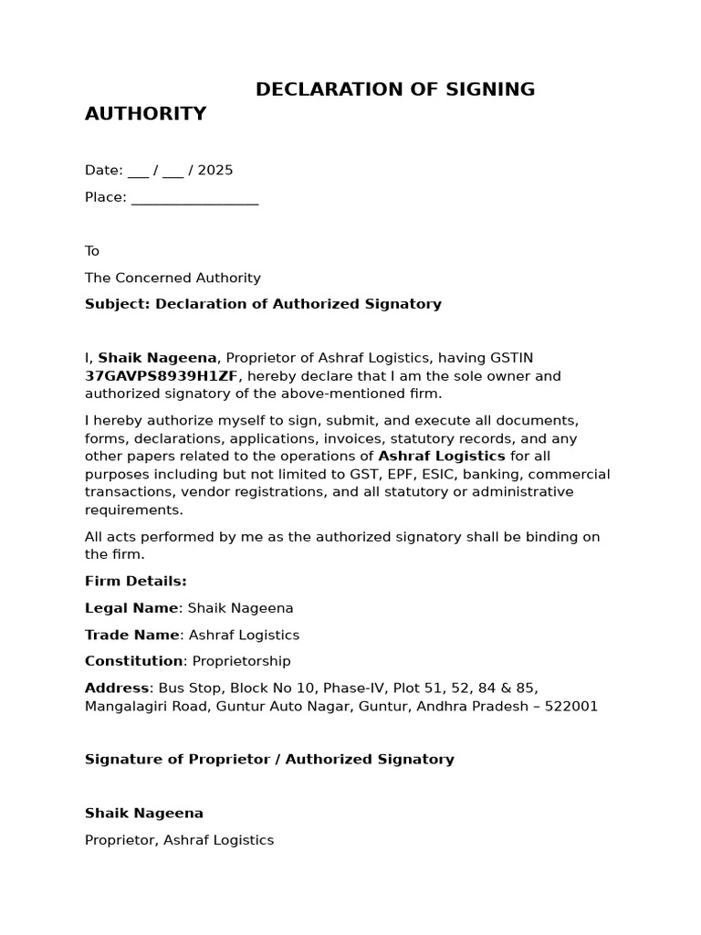 Declaration of Signing Authority | PDF
