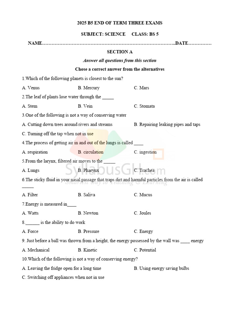 2025 b5 End of Term 3 Exams - Science | PDF