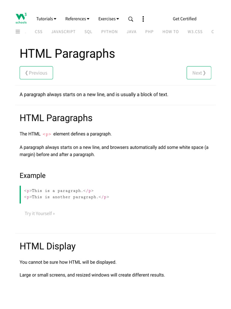 HTML Paragraphs (W3 Schools) | PDF | Html | Html Element