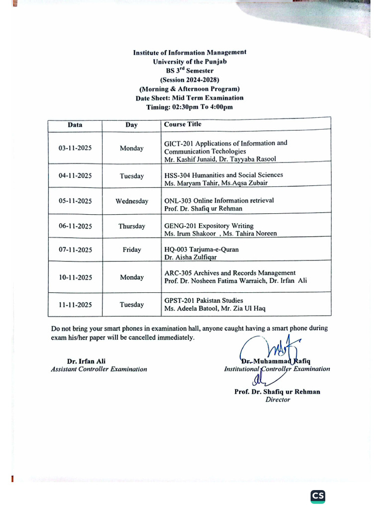 Mid Term Date Sheet BS 3rd Semester (2024-2028) | PDF