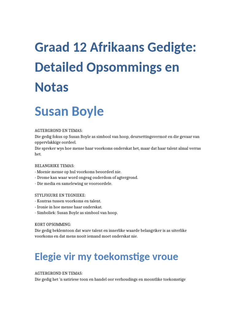 Graad 12 Afrikaans Gedigte Opsommings | PDF
