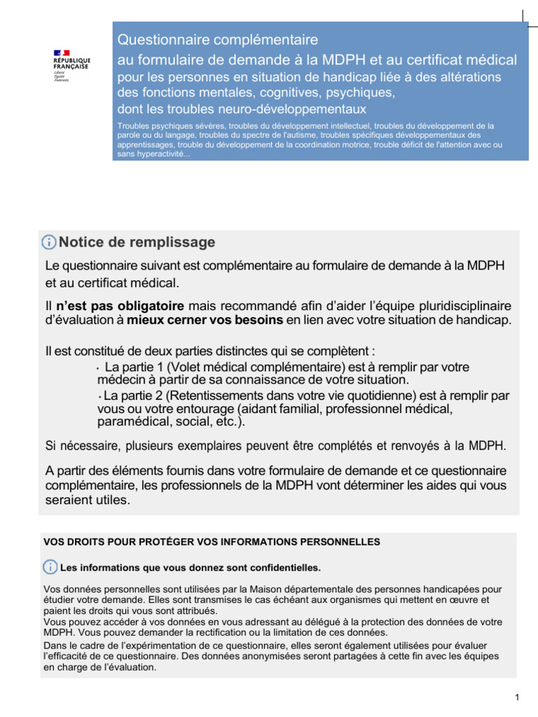 Questionnaire Complémentaire Au Formulaire de Demande À La MDPH Et Au ...