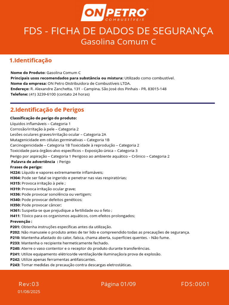 FDS Ficha de Dados de Seguranca Gasolina Comum C Rev.03!01!08 2025 ...