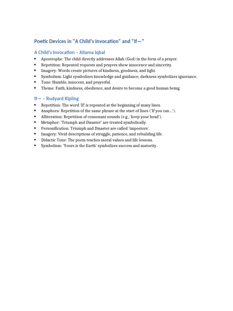 Poetic Devices of Poem Childs Invocation and If | PDF