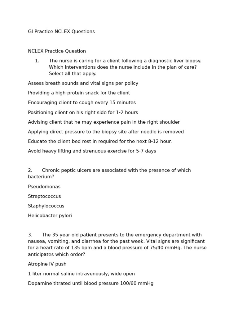 Gi Practice Nclex Questions | PDF | Gallbladder | Nausea