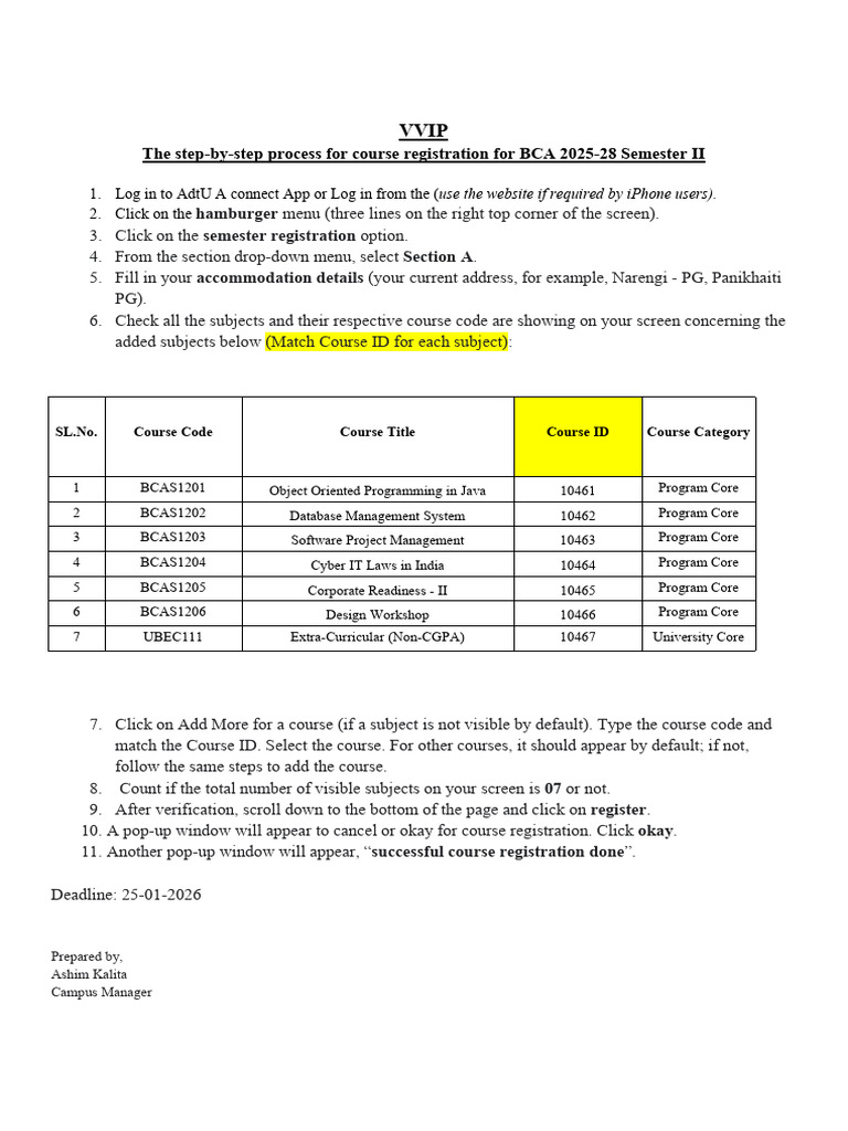 Semester - Course Registration BCA Semester II | PDF