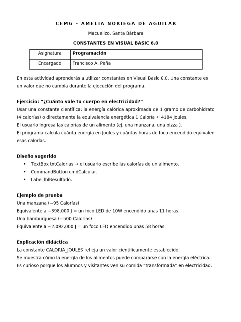 Constantes en Visual Basic - Cuanto Vale Tu Cuerpo en Energia | PDF ...