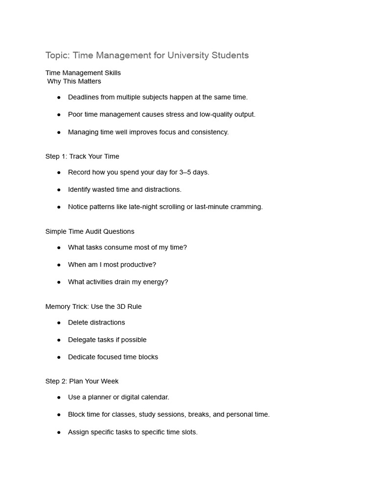 Topic - Time Management For University Students | PDF | Time Management ...