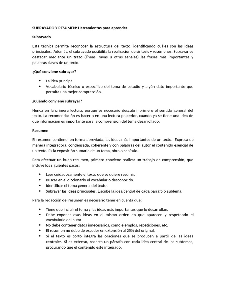 SUBRAYADO Y RESUMEN. Herramientas Para Aprender. | PDF