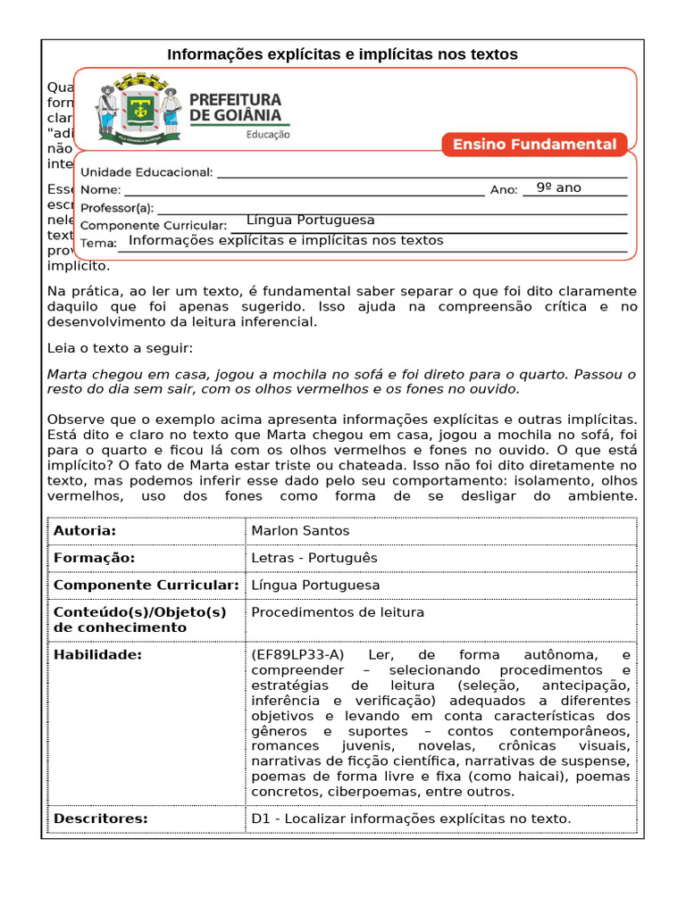 Texto 6 - Informações Explícitas e Implícitas Nos Textos | PDF ...