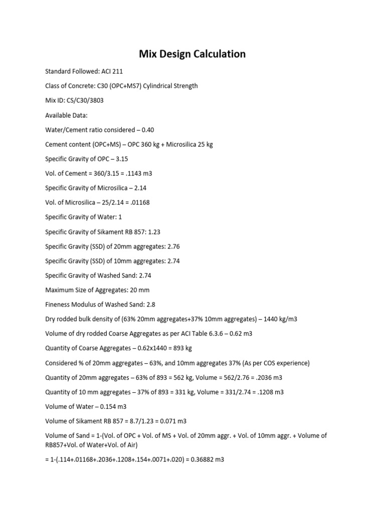 Mix Design Calculation - C30 OPC+MS7 | PDF