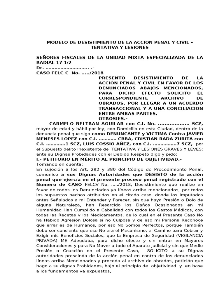 Desistimiento de La Accion Penal y Civil – Tentativa y Lesiones | PDF ...