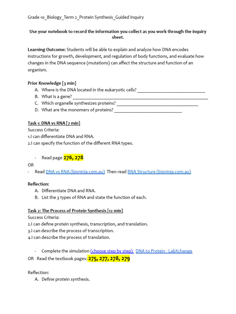 HS Protein Synthesis Guided Inquiry | PDF | Genetic Code | Dna