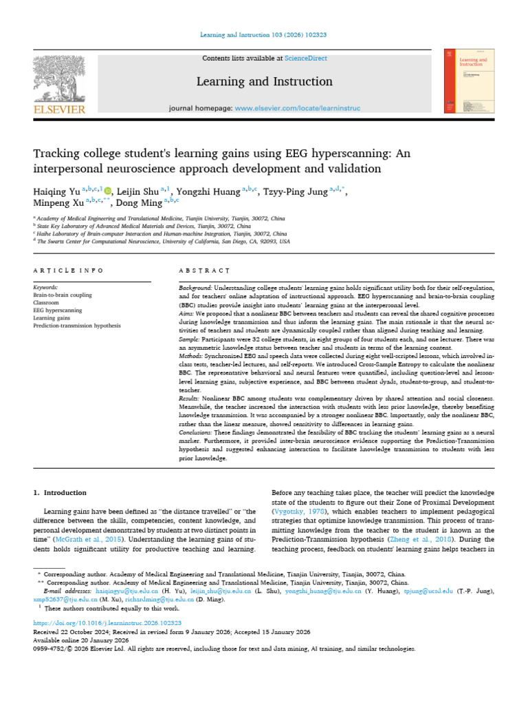 Tracking College Students Learning Gains Using EEG Hyperscanning An ...