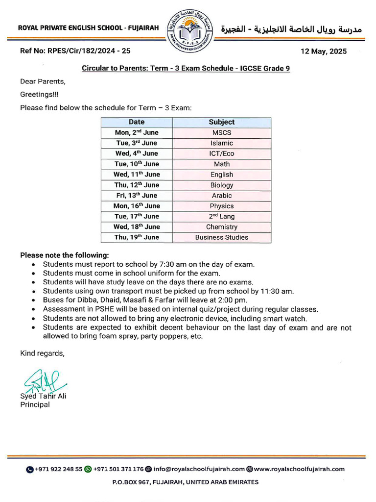 182 - Term 3 Exam Schedule For IGCSE GR 9 | PDF