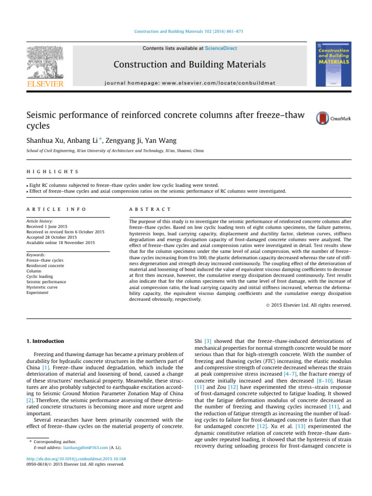 Seismic Performance of Reinforced Concrete Columns After Freeze-Thaw ...