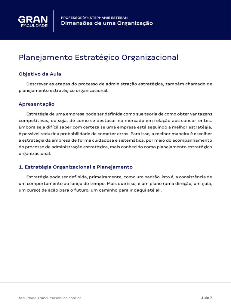 Apostila - Planejamento Estratégico Organizacional | PDF | Análise SWOT ...