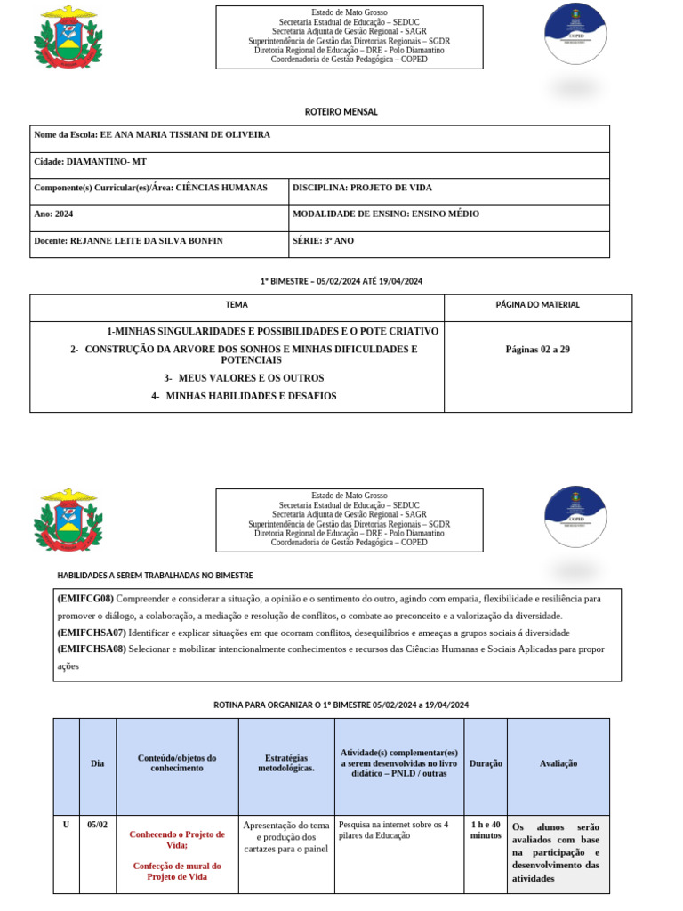 Roteiro Projeto de Vida EM 2024 | PDF | Pedagogia
