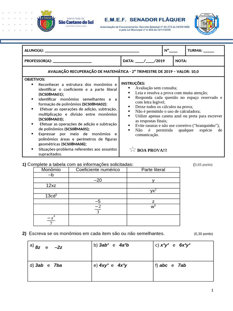 002 PR Monomios Polinomios | PDF | Álgebra | Álgebra abstrata